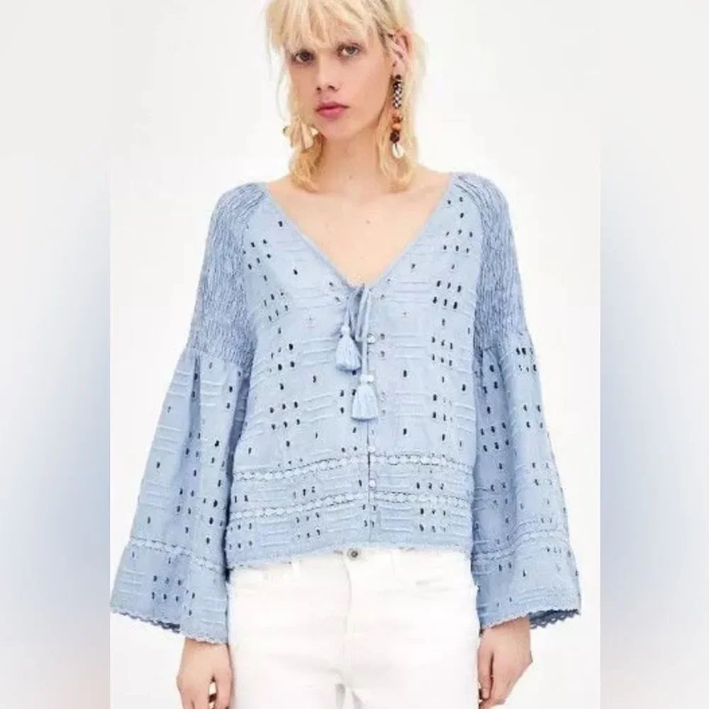 Zara TRF Collection Blue Eyelet Blouse Bell Sleeve Size S
